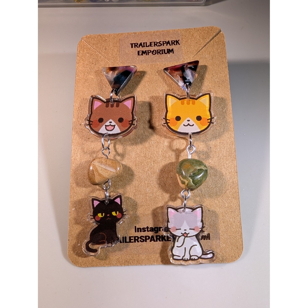 Trailerspark Emporium Mismatched Acrylic Cat Dangle Earrings Nickel Free Stone